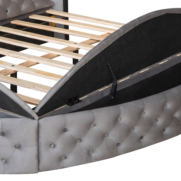 Queen Size Round Shape Upholstery Low Profile Storage Platform Bed with Storage Space on both Sides and Footboard