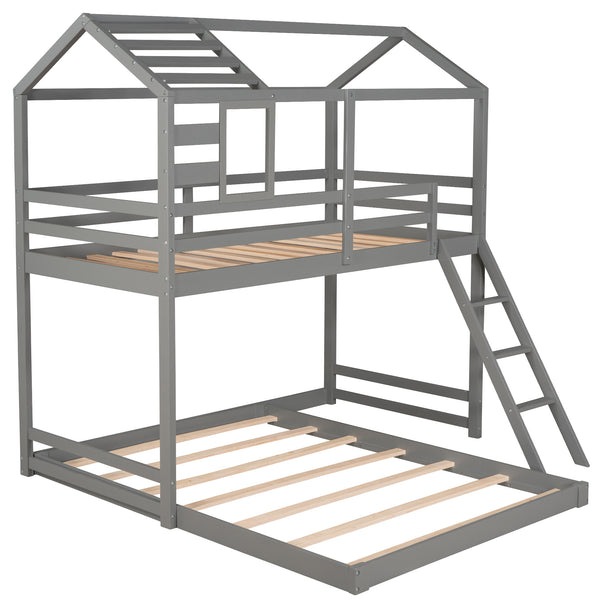 Twin over Full House Bunk Bed with Ladder and Window,Full-Length Guardrail