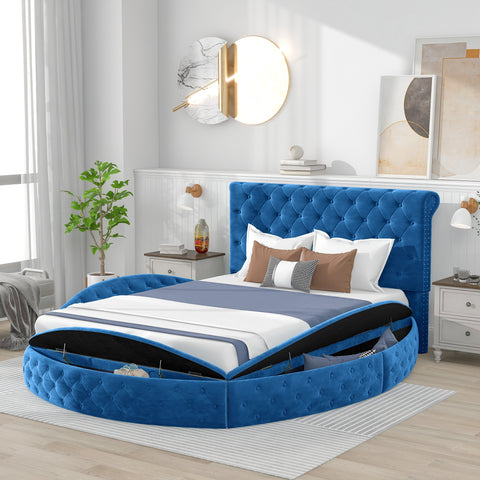 Queen Size Round Shape Upholstery Low Profile Storage Platform Bed with Storage Space on both Sides and Footboard