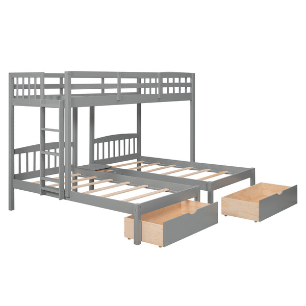 Twin over Twin & Twin Bunk Bed with Two Drawers and Built-in Middle Drawer