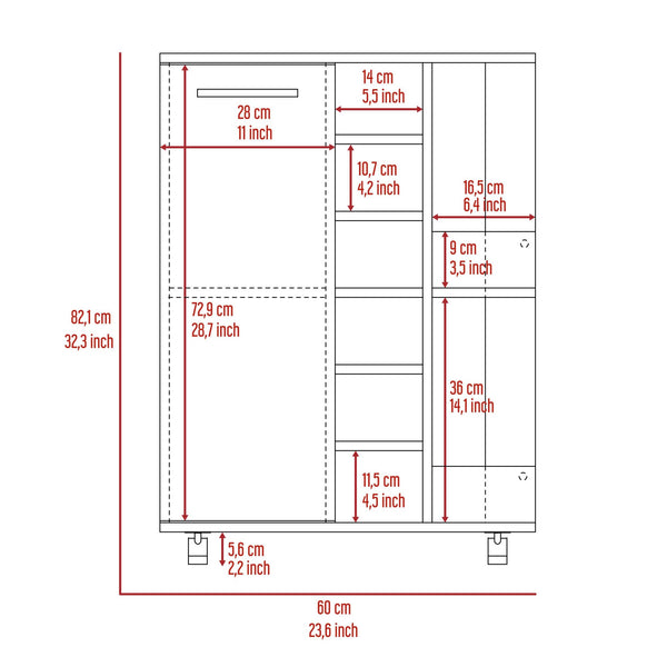 Bar Cart; Two External Shelves; Four Casters; Six Built-in Wine Rack; Single Door Cabinet -Light Gray