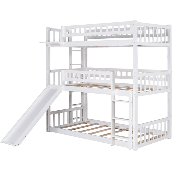 Twin-Over-Twin-Over-Twin Triple Bed with Built-in Ladder and Slide ; Triple Bunk Bed with Guardrails; White