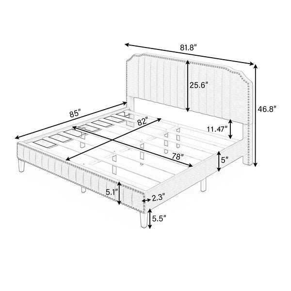 Modern Linen Curved Upholstered Platform Bed ;  Solid Wood Frame ;  Nailhead Trim (King)