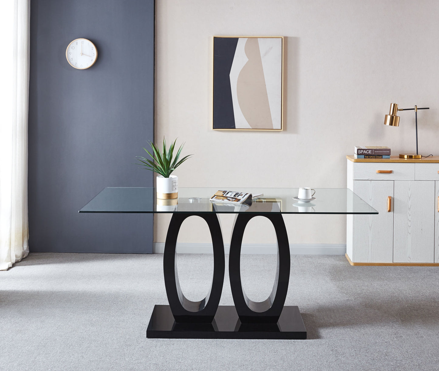 Contemporary Tempered Glass Top Double Pedestal Dining Table;  size 63" x 35.4" x 29.5" (Black or White)