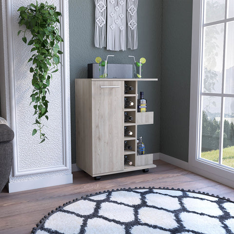 Bar Cart; Two External Shelves; Four Casters; Six Built-in Wine Rack; Single Door Cabinet -Light Gray