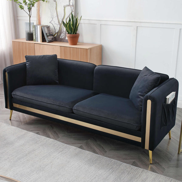 77.2' Modern Upholstered Velvet Sofa 3 Seater Couch with Removable Cushions Side Pocket Mid-Century Tufted Living Room Set Gold Metal Legs,2 Pillows Included