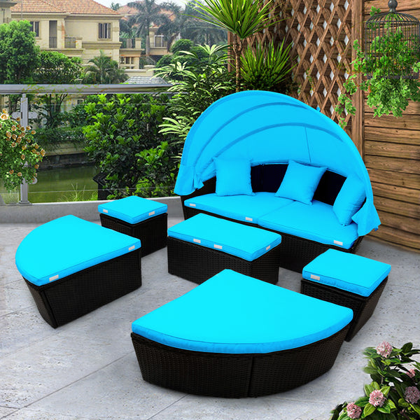 Outdoor rattan daybed sunbed with Retractable Canopy Wicker Furniture, Round Outdoor Sectional Sofa Set, black Wicker Furniture Clamshell Seating with Washable Cushions, Backyard, Porch