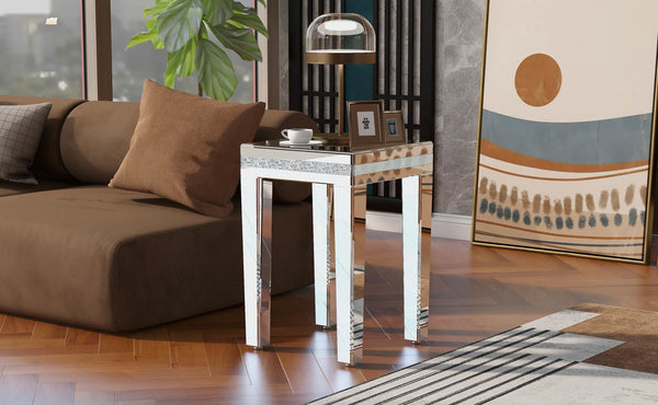 ON-TREND Fashionable Modern Glass Mirrored Side Table, Easy Assembly End Table with Crystal Design and Adjustable Height Legs, Silver