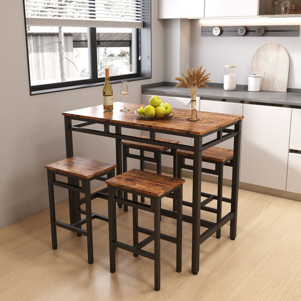 Bar table set 5PC Dinging table set with high stools; structural strengthening; industrial style (Rustic Brown; 43.31''w x 23.62''d x 35.43''h)