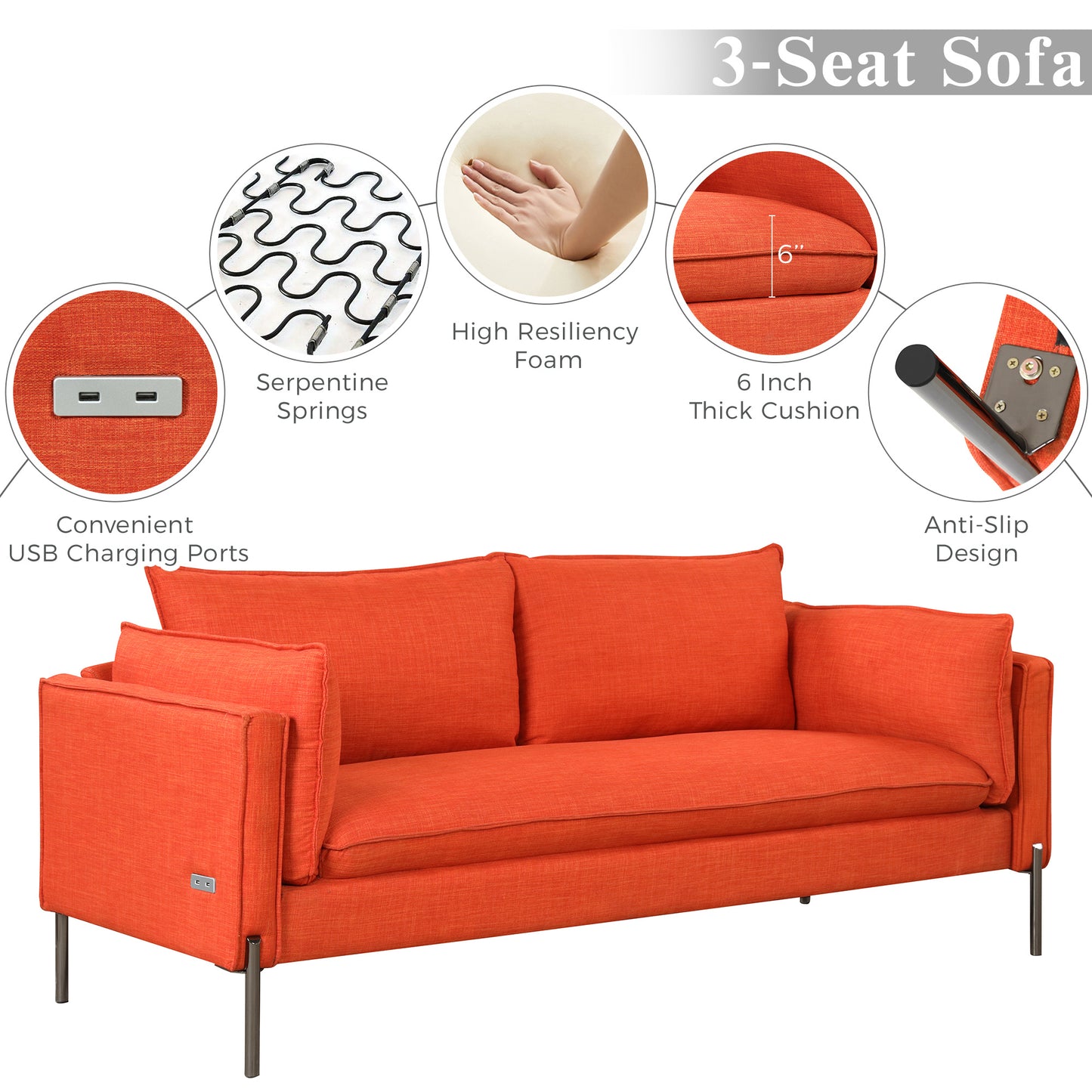 Modern Style 3 Seat Sofa Linen Fabric Upholstered Couch Furniture 3-Seats Couch for Different Spaces; Living Room; Apartment