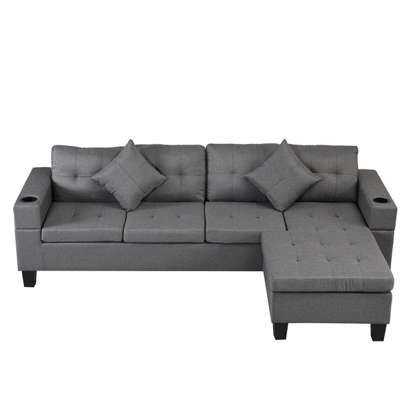 Sectional Sofa Set for Living Room with L Shape Chaise Lounge ,cup holder and Left or Right Hand Chaise Modern 4 Seat (Grey)