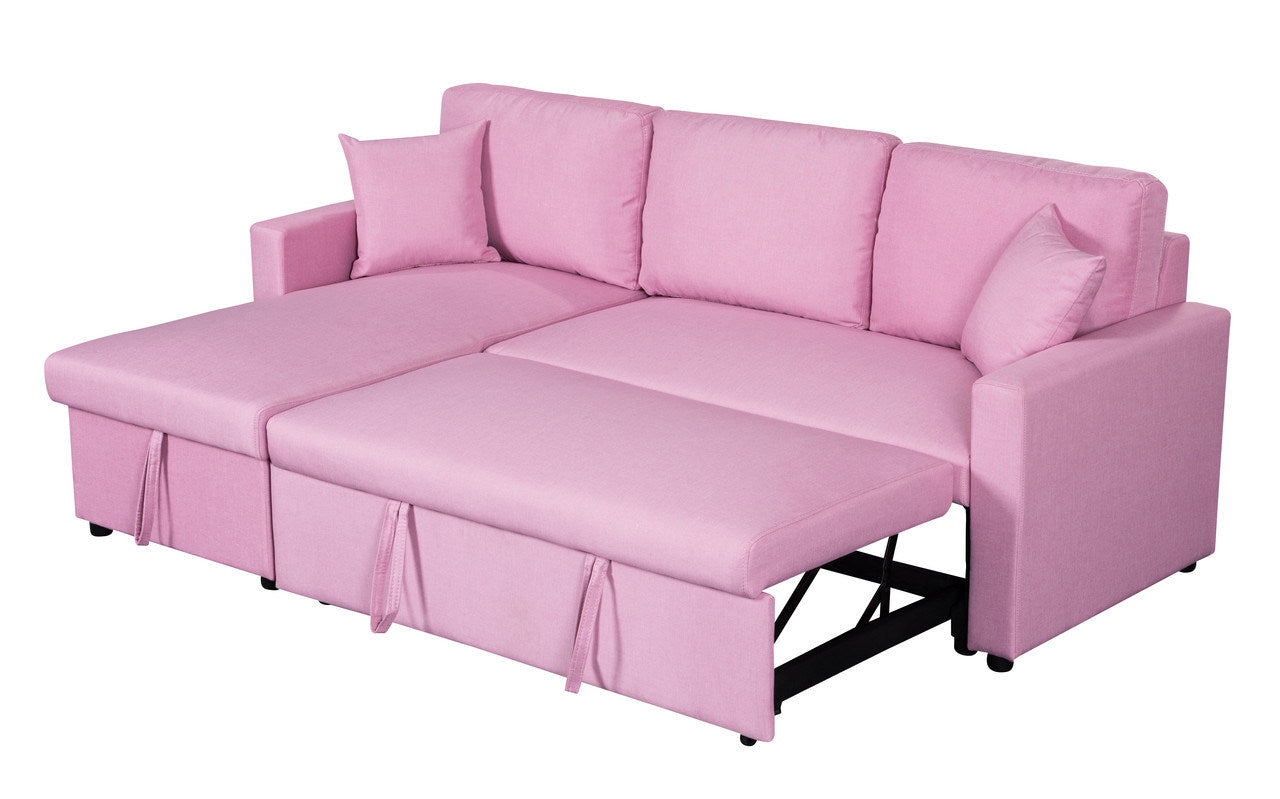 Paisley 82" Pink Linen Fabric Reversible Sleeper Sectional Sofa with Storage Chaise