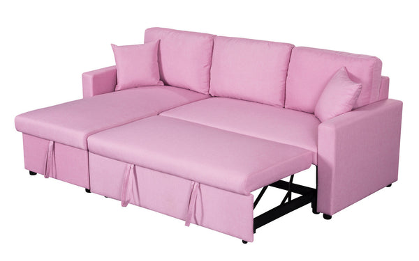 Paisley 82" Pink Linen Fabric Reversible Sleeper Sectional Sofa with Storage Chaise