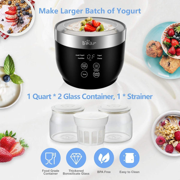 Yogurt Maker, Yogurt Maker Machine with Stainless Steel Inner Pot, Greek Yogurt Maker with Timer Control, Automatic Digital Frozen Yogurt Maker with 2 Glass Jars 1 Quart and Strainer for Home Organic