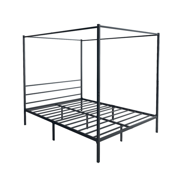 Canopy Bed Frame Queen Size Black Metal 4 Poster Modern Post Corner With Headboard, Black