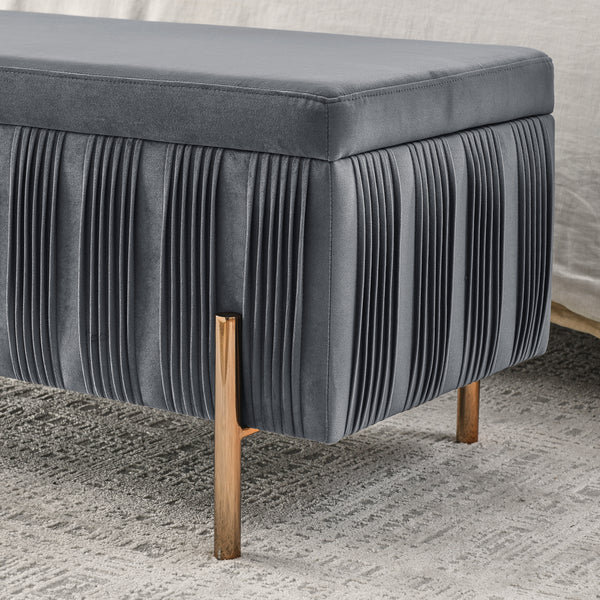 Elegant Upholstered Velvet Storage Bench with Cedar Wood Veneer, Large Storage Ottoman with Electroplate Iron Legs for Hallway Living Room Bedroom, Grey