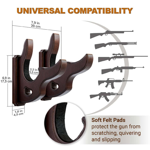 Gun Rack Wall Mount Hold Up Displays Horizontal Gun Rack and Shotgun Hooks Store Rifle Shotgun Bow Real Hardwood Hanger Brown