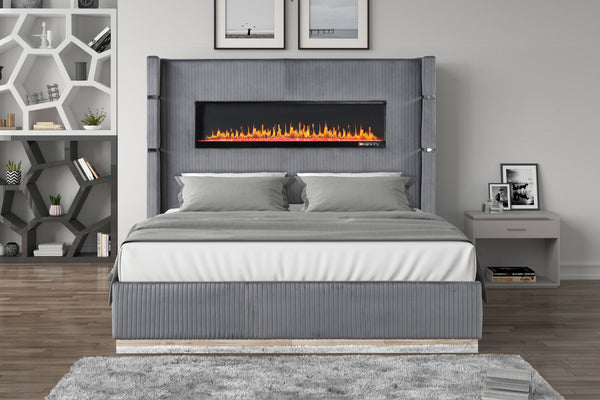 Lizelle Upholstery Wooden King Bed with Ambient lighting in Gray Velvet Finish