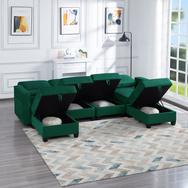 116'' Square Arm Sectional Sofa Green Velvet(W223S00401)