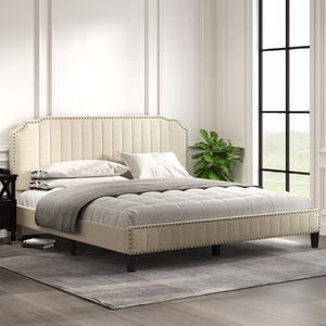 Modern Linen Curved Upholstered Platform Bed ;  Solid Wood Frame ;  Nailhead Trim (King)