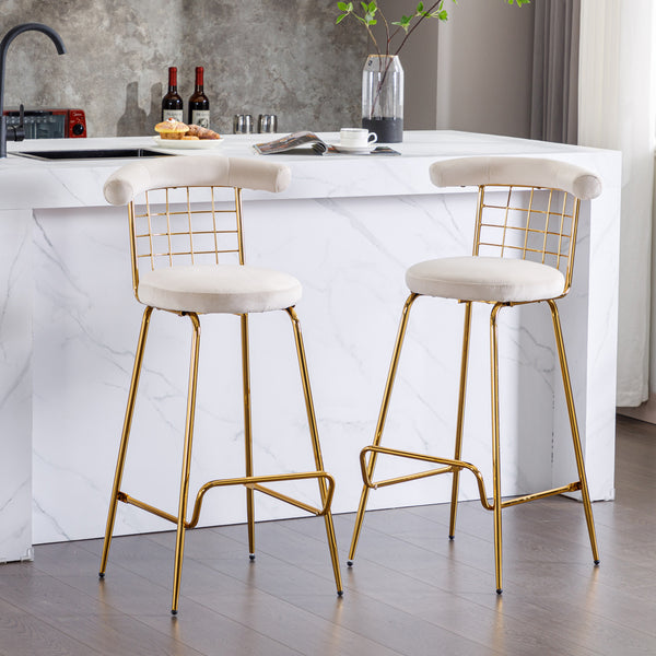 Bar Stool Set of 2, Luxury Velvet High Bar Stool with Metal Legs and Soft Back, Pub Stool Chairs Armless Modern Kitchen High Dining Chairs with Metal Legs