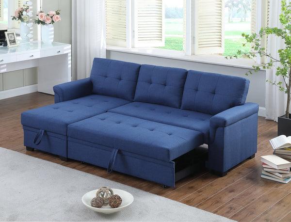 Lucca 84" Blue Linen Reversible Sleeper Sectional Sofa with Storage Chaise