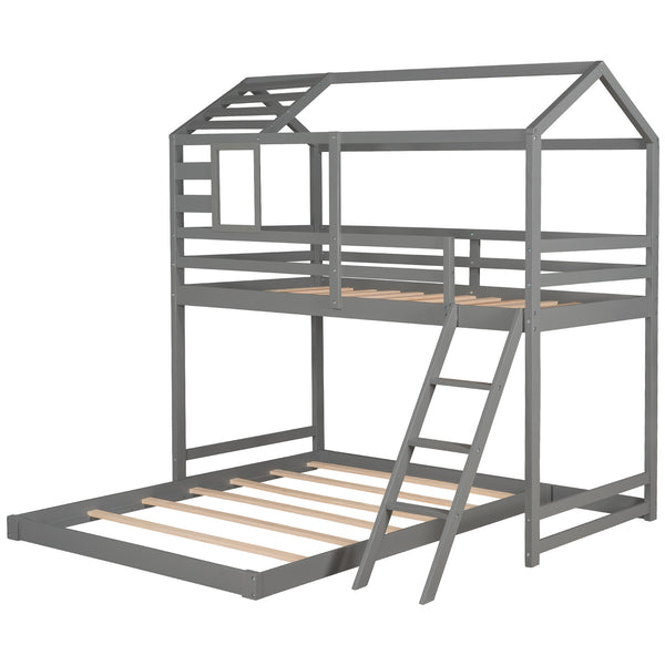 Twin over Full House Bunk Bed with Ladder and Window,Full-Length Guardrail