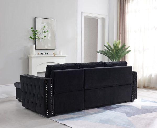 Sectional sofa with pulled out bed; 2 seats sofa and reversible chaise with storage; both hands with copper nail; BLACK; (91&quot; x 64&quot; x 37&quot;)