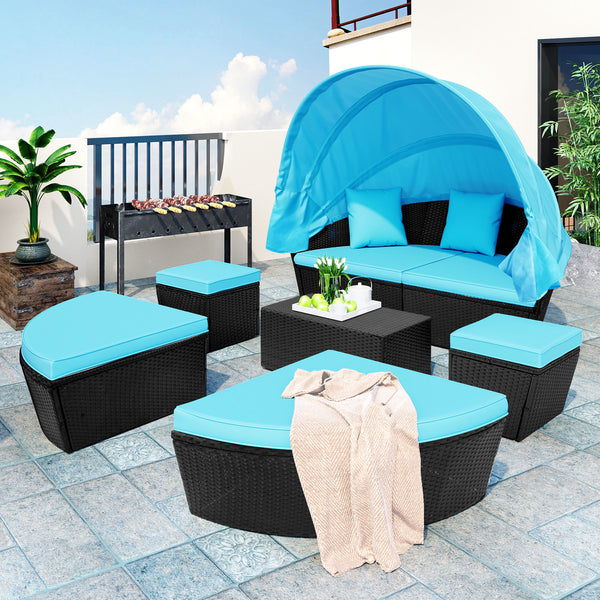 Outdoor rattan daybed sunbed with Retractable Canopy Wicker Furniture, Round Outdoor Sectional Sofa Set, black Wicker Furniture Clamshell Seating with Washable Cushions, Backyard, Porch