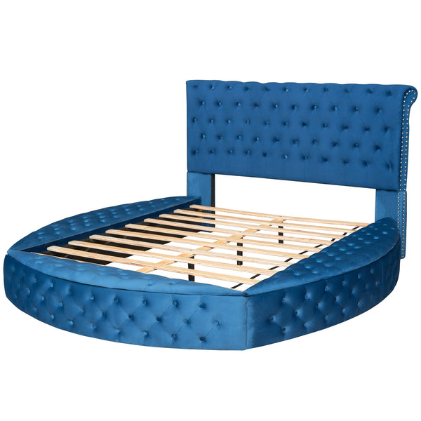 Queen Size Round Shape Upholstery Low Profile Storage Platform Bed with Storage Space on both Sides and Footboard