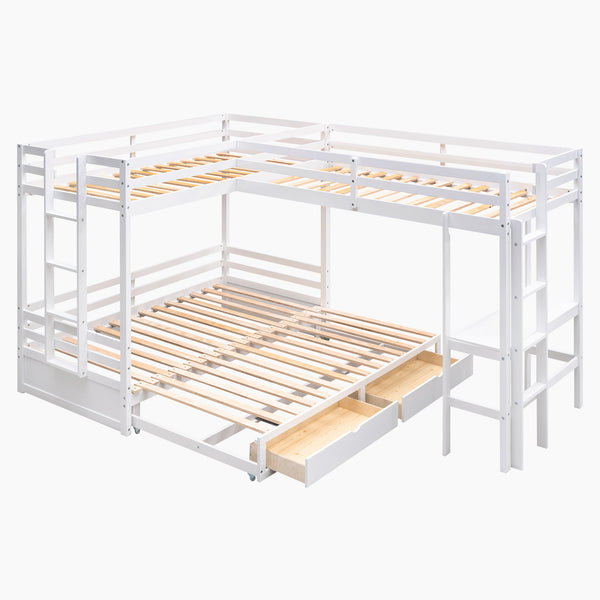 Twin over Twin/King Size L-Shaped Bunk Bed with Built-in Desk and Two Drawers; White