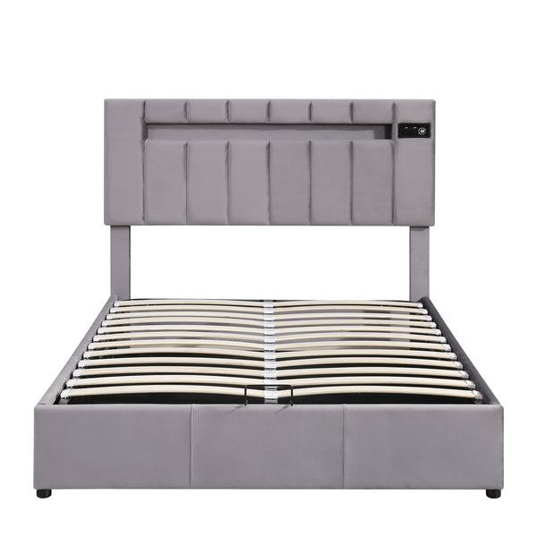 Upholstered Bed Full Size with LED light;  Bluetooth Player and USB Charging;  Hydraulic Storage Bed in Velvet Fabric