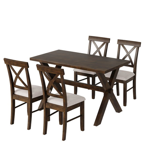 5 Pieces Farmhouse Rustic Wood Kitchen Dining Table Set with Upholstered 4 X-back Chairs