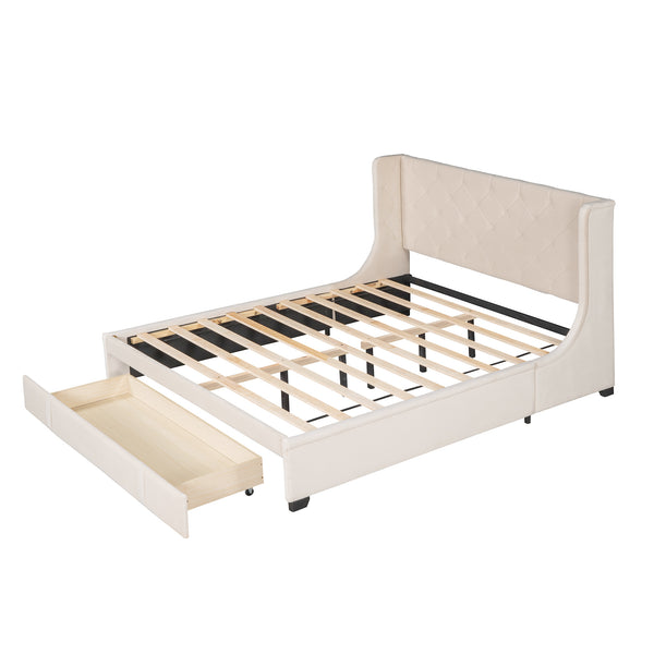 Queen Size Storage Bed Velvet Upholstered Platform Bed with Wingback Headboard and a Big Drawer