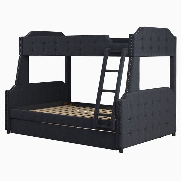 Twin over Full Upholstered Bunk Bed with Trundle and Ladder; Tufted Button Design; Black