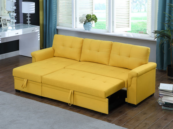 Lucca 84" Yellow Linen Reversible Sleeper Sectional Sofa with Storage Chaise