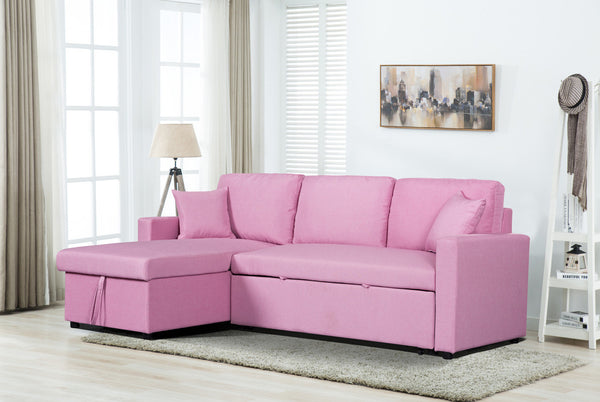 Paisley 82" Pink Linen Fabric Reversible Sleeper Sectional Sofa with Storage Chaise