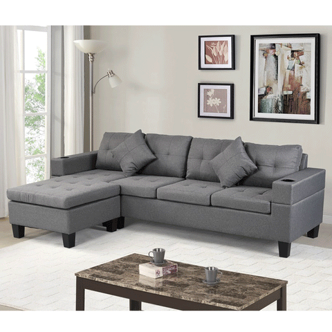 Sectional Sofa Set for Living Room with L Shape Chaise Lounge ,cup holder and Left or Right Hand Chaise Modern 4 Seat (Grey)