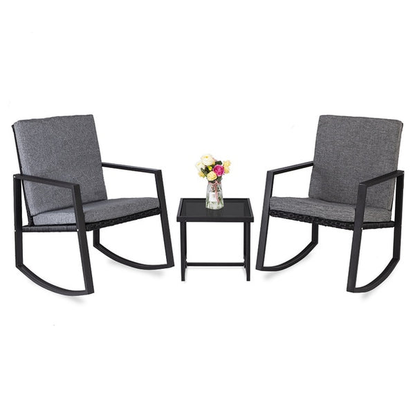 【US Warehouse】3 PCS Rocking Chairs Set Outdoor Patio Furniture with Glass Coffee Table (Black) （Outdoor rattan sofa）